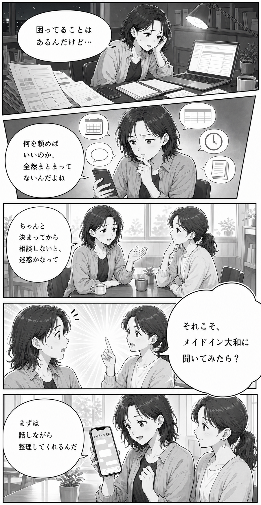何を頼めばいいのかまとまらない悩みを、Made In YAMATOへの相談で整理していく漫画
